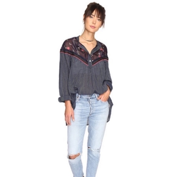 Free People Tops - NWT Free People Hearts & Colors Navy Blue Floral Stiped Top Blouse Size XS